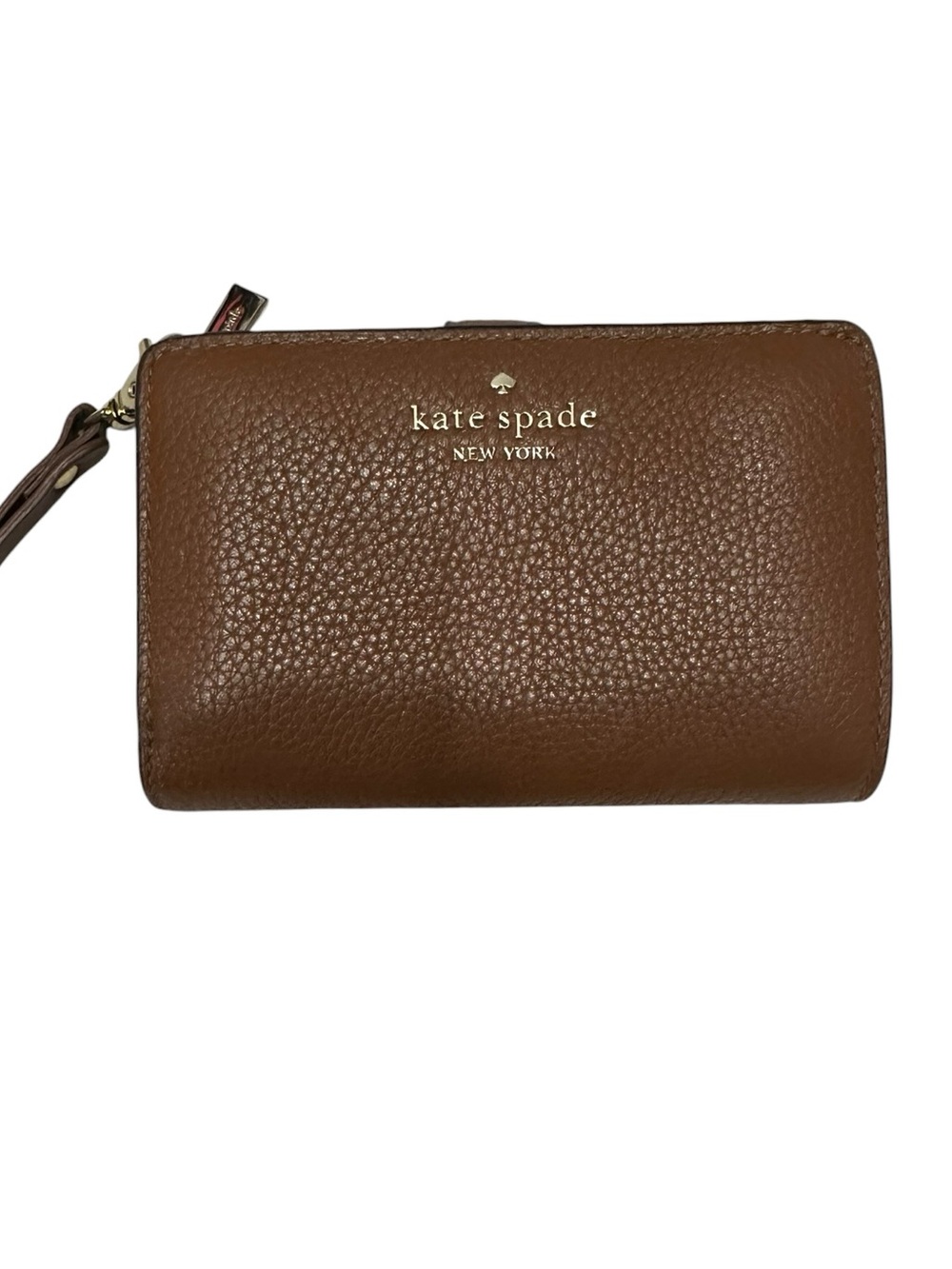 kate spade Brown Pebbled Leather Wristlet with Gold Logo no Flaws